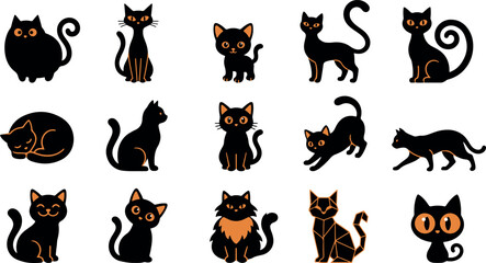 Obraz premium Set of cute hand drawn black cat illustrations for halloween designs and creative projects on white background