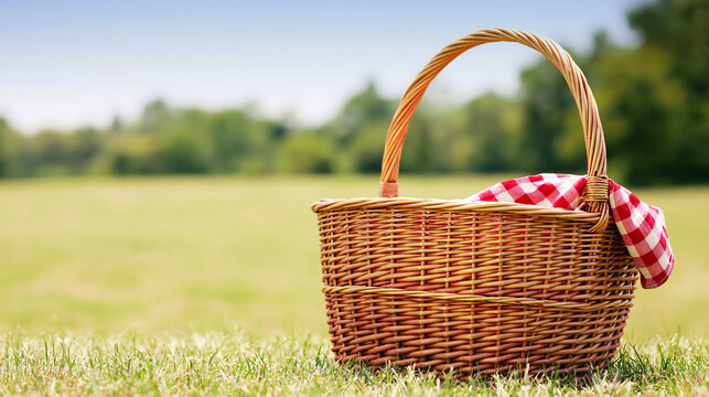 Classic empty wicker picnic basket with red and white checkered cloth handle accent sitting on green grass field in park during sunny day for outdoor recreation concepts