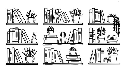Hand drawn bookshelves filled with books and potted plants outline illustration collection © Keyapayal