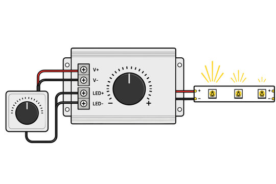 LED Strip Dimmer with Potentiometer Knob and PWM Controller Sticker Style Vector Illustration for Smart Home Lighting
