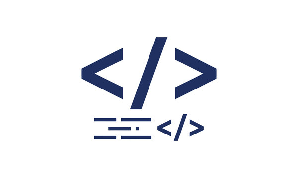 Minimalist dark blue coding icon representing software development and programming concepts on a plain white background