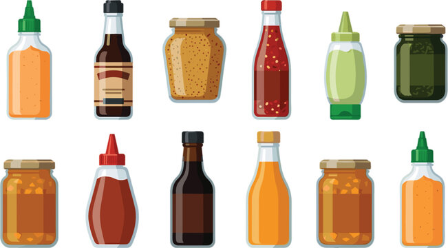 Condiment sauce and jam bottle collection featuring ketchup mustard honey chili dressing and preserved food vector illustration set