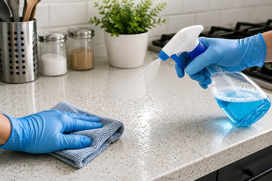 Person wearing blue rubber gloves cleaning a speckled kitchen countertop with spray bottle and cloth