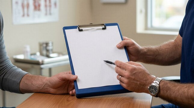 Doctor Pointing Pen at Blank Medical Document Clipboard - Patient Informed Consent and Form Mockup Concept