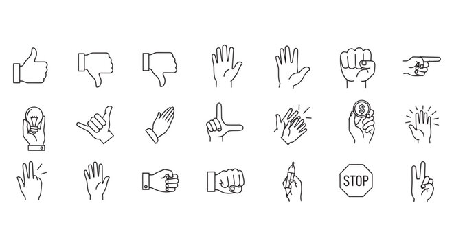 Hand Gesture Icons Line Art Style On White Background hands