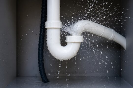 Water spraying from a cracked white plastic p-trap pipe under a sink