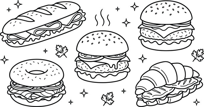 Fast food vector vector set containing line art illustrations of burgers sandwich bagel sub and croissant isolated on white background.