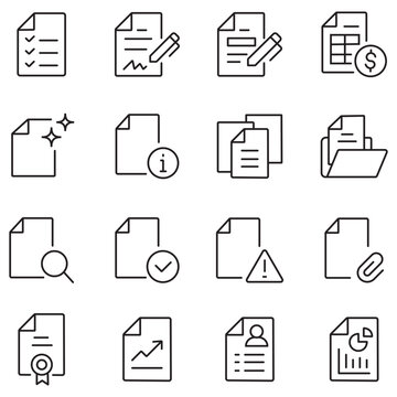 Minimalist document line icons set, 16 business file and paper vector symbols, professional office paperwork and data management graphics for web design