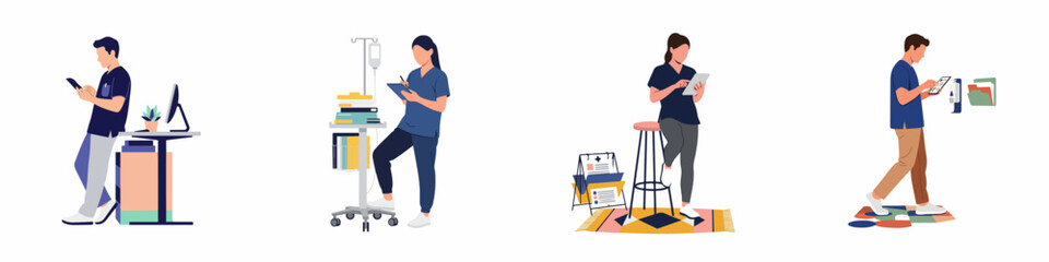 Fototapeta premium Set of healthcare professionals in blue uniforms using digital tablets and smartphones in a modern medical office or clinic environment.