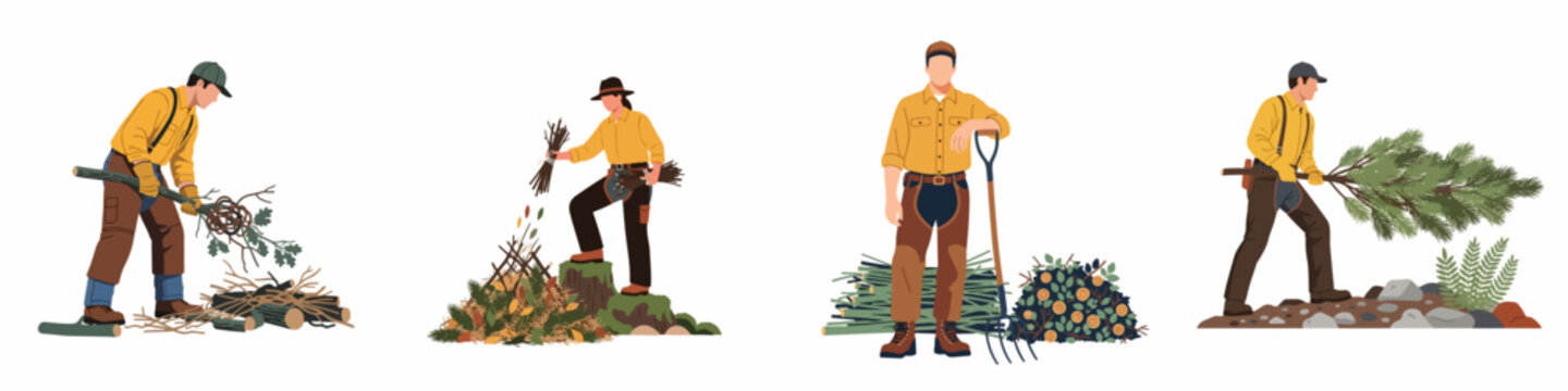 Illustrations of forestry workers and arborists performing land clearing tasks, gathering wood, stacking branches, and dragging debris on a white background.