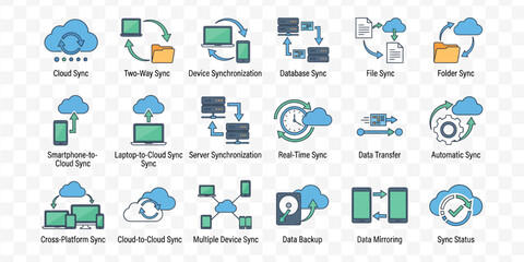 Fototapeta premium Set of cloud computing and network technology icons representing data storage connectivity and digital infrastructure solutions