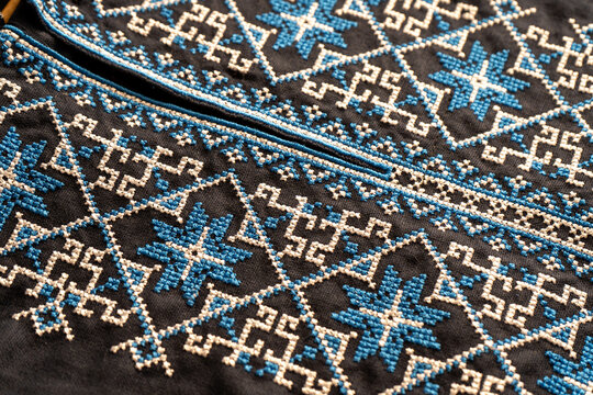 Ukrainian Vyshyvanka Men Embroidered Shirt Blue Geometric Ornaments. Embroidery background