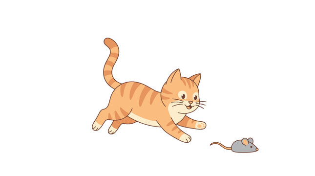 Cute ginger cat chasing a small grey mouse in a playful hunting scene vector illustration
