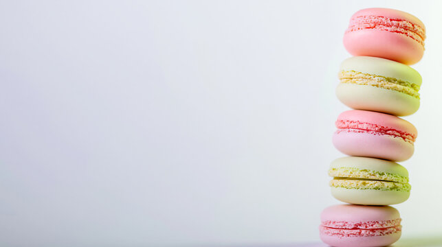 An elegant stack of delicate French macarons positioned on the right side against a bright gradient background, symbolizing sweet desserts, bakery treats, and confectionery.