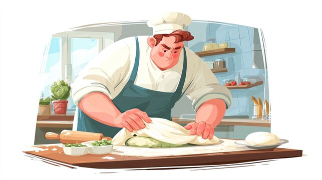Professional Chef Stretching Fresh Pizza Dough in Commercial Kitchen Preparing Traditional Italian Handmade Pizza with Artisan Baking Skills Illustration