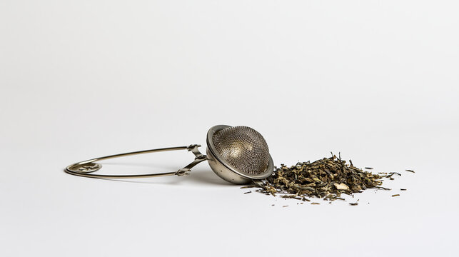 Dry green herbal tea leaves spilled beside a metallic tea strainer with long handle on a white background