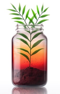 Plant in glass jar. Green sprout growing inside container.