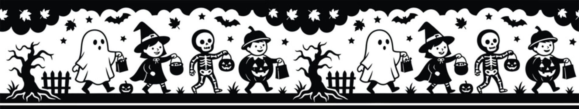 Halloween border vector seamless pattern banner with cute kids in costumes trick or treating ghost witch skeleton pumpkin spooky trees black white silhouette