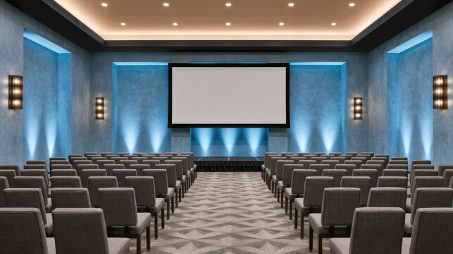 Spacious and Modern Conference Room with Tiered Seating and Large Projector Screen for Professional Events or Presentations