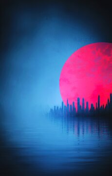 Red sun over city. Climate change disaster concept.