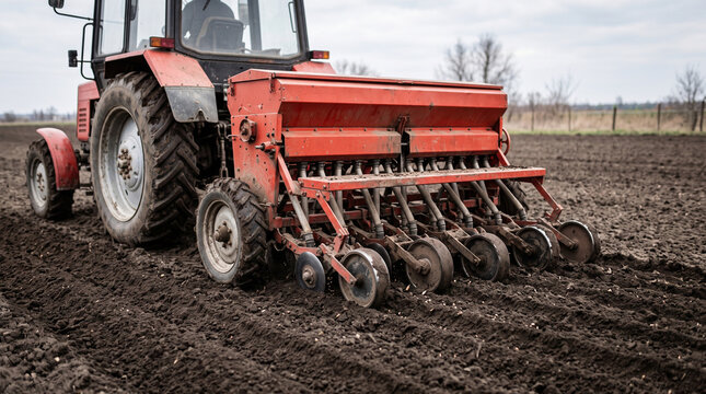 Close-up of an agricultural seeder attached to a tractor, sowing seed crops into freshly plowed soil
