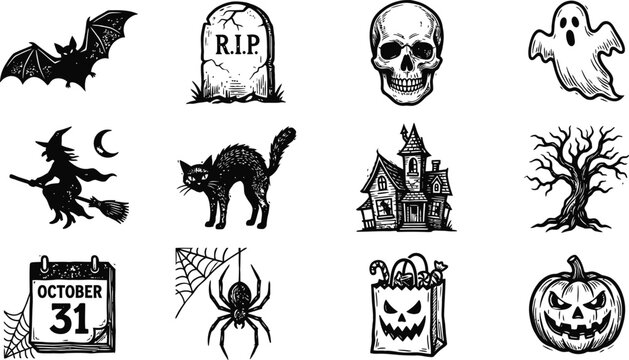 Collection of various spooky Halloween-themed icons featuring a distinct black and white hand-drawn silhouette