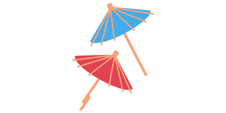 Two cocktail umbrellas, one red and one blue, for drinks and parties.