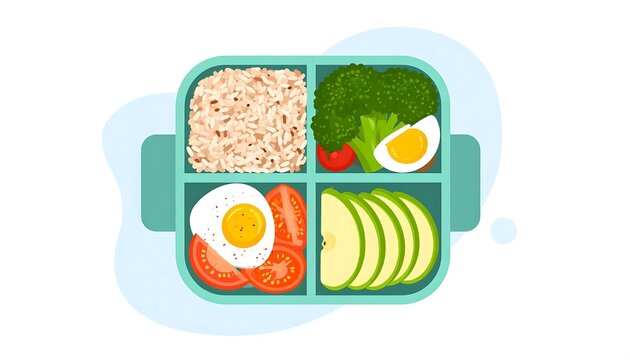 Colorful bento box with assorted healthy lunch foods.