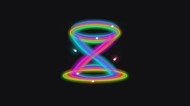 Abstract rainbow hourglass shape with swirling colorful light trails and glowing dots motion.