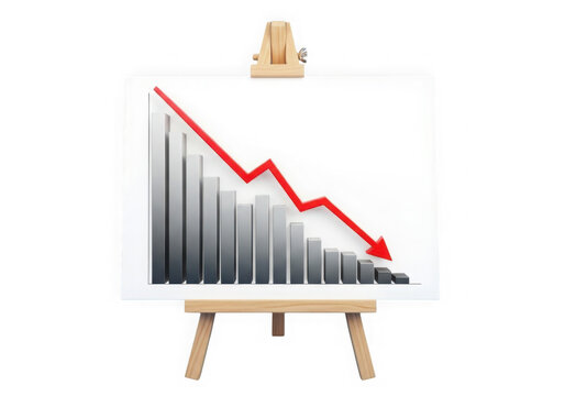 Negative trend bar chart on wooden easel against as cut out PNG