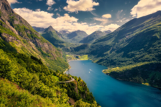 Landscape view of beautiful Geiranger fjord in Norway, Europe
