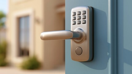 Naklejka premium Modern digital door lock with keypad on exterior door, showcasing advanced security technology in contemporary architecture setting