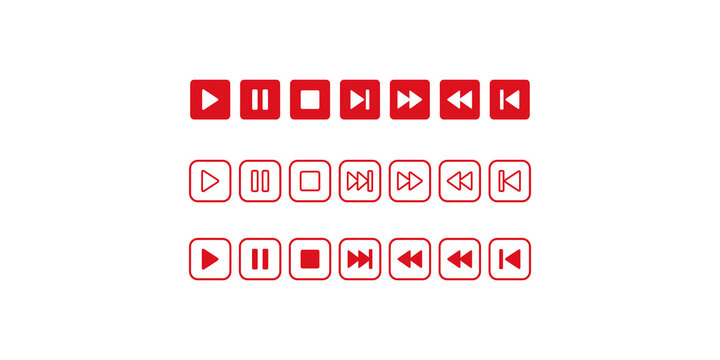 Collection of red media player control buttons in solid, outlined, and framed styles on transparent background.