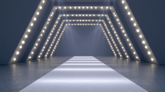 Modern fashion runway with bright lights and geometric design, empty space for models, stylish backdrop for photo shoot and event presentation