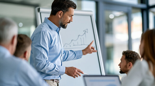 Faceless business consultant explaining strategic roadmap on digital interactive whiteboard to corporate executives, modern glass office workspace, defocused background, with copy
