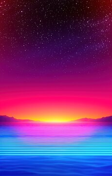 Neon sunset landscape. Retro synthwave horizon background.