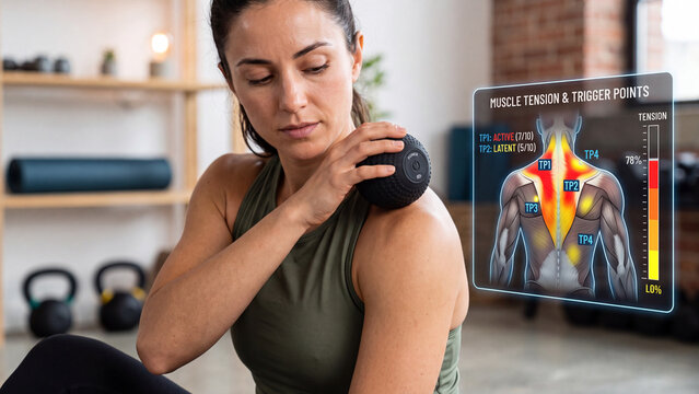 Woman using smart massage ball for muscle tension relief with augmented reality display