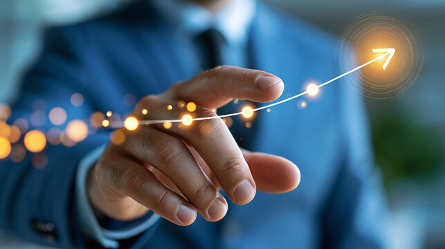 Close-up of businessman hand touching glowing scale timeline arrow icon, business growth roadmap and corporate planning strategy, defocused background, with copy space