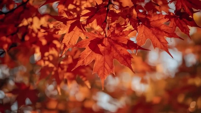 Autumn red maple leaf closeup with warm orange bokeh light and gentle fall mood