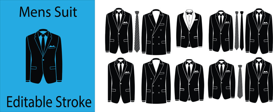 Mens Suit Editable Stroke Vector Icon Set Featuring Formal Business Blazer Tuxedo and Tie Collection