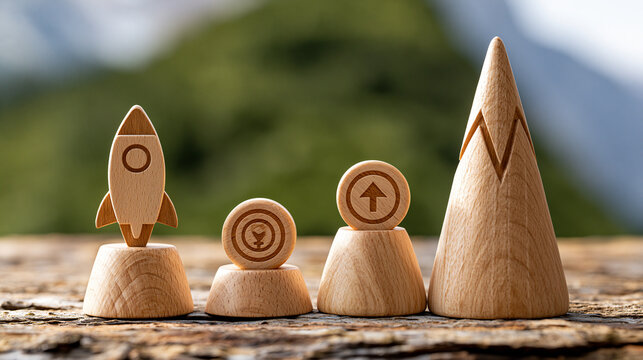 Strategic business roadmap concept with wooden rocket navigating through corporate milestone icons toward mountain peak goal, defocused background, with copy space