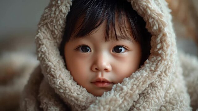 Cozy toddler portrait adorable child wrapped in soft beige blanket, gentle warm face cozy blanket