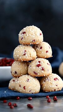 Stack of cranberry cookies. Homemade berry biscuits on table.