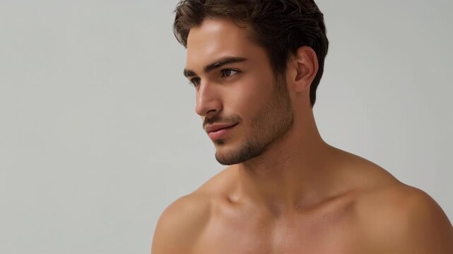 Male portrait headshot bare shoulder contemplative handsome young man model shirtless trimmed beard