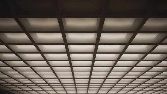 Dark geometric concrete ceiling grid with moody lighting, modern grid ceiling with soft diffuse