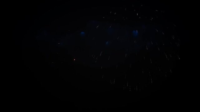 Large golden fireworks burst dark night sky with scattered sparks. celebratory night display