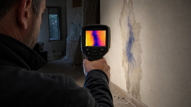 Inspector using thermal camera to detect water leak in wall
