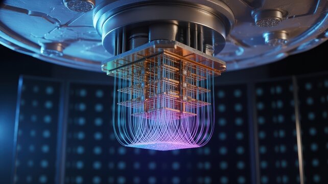 Quantum Computing Core with Glowing Qubits, Neon