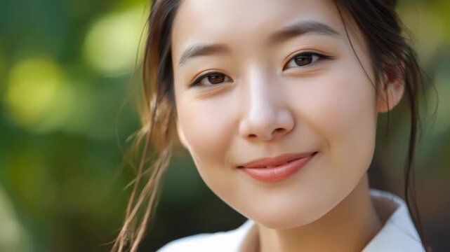 Young Asian woman close up portrait smiling outdoors face lit by soft natural light with blurred