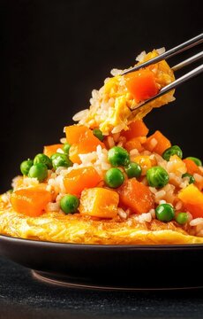 Fried rice omelette. Savory egg dish with vegetables.